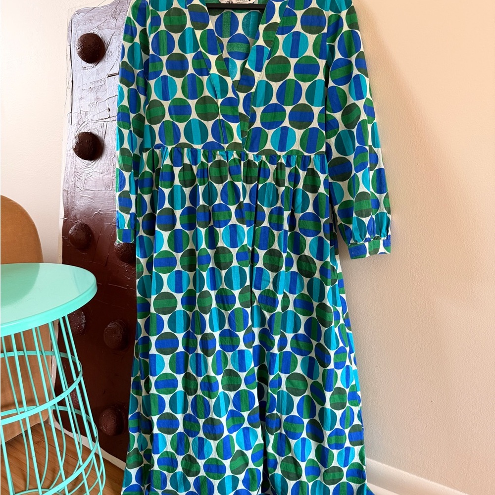 Zara Girls' Geometric Circle Print Dress - Green & Blue
